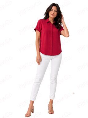 Theory Red 100% Silk Button Front Blouse Petite P Short Sleeve